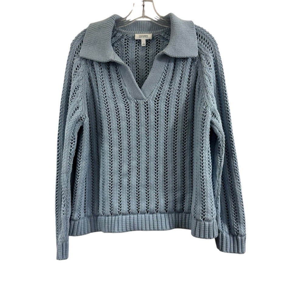 Haven Well Within Open Stitch Johnny Collar Cotton Blue Sweater Size Large - Picture 2 of 12